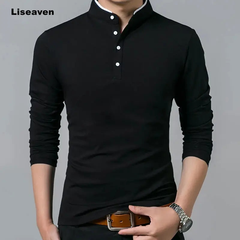 Liseaven T-Shirt Men Cotton T Shirt Full Sleeve tshirt Men Solid Color T-shirts tops&tees Mandarin Collar Long Shirt by All Mart Bristol Ltd
