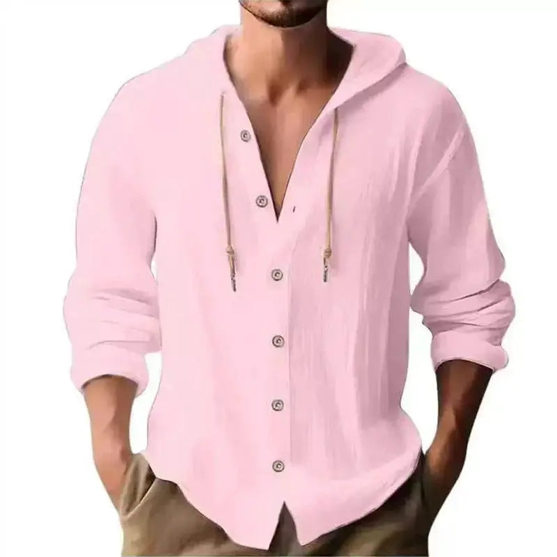 Men's Linen Shirt Solid Streetwear Long Sleeve Hoodie Cardigan Clothing For Men Button Tops Casual Loose Men Hooded Shirt by All Mart Bristol Ltd