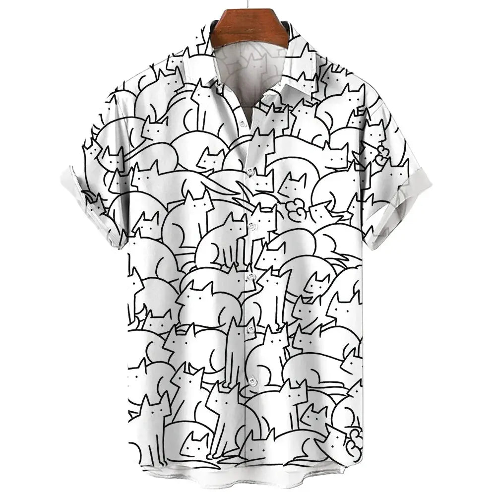 Men's Short Sleeve Shirt Fashion Cartoon Line Cat Pattern Print Top Women's Casual Button Shirt Top by All Mart Bristol Ltd