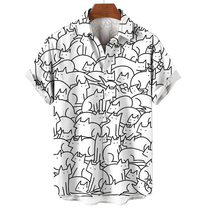 Men's Short Sleeve Shirt Fashion Cartoon Line Cat Pattern Print Top Women's Casual Button Shirt Top by All Mart Bristol Ltd
