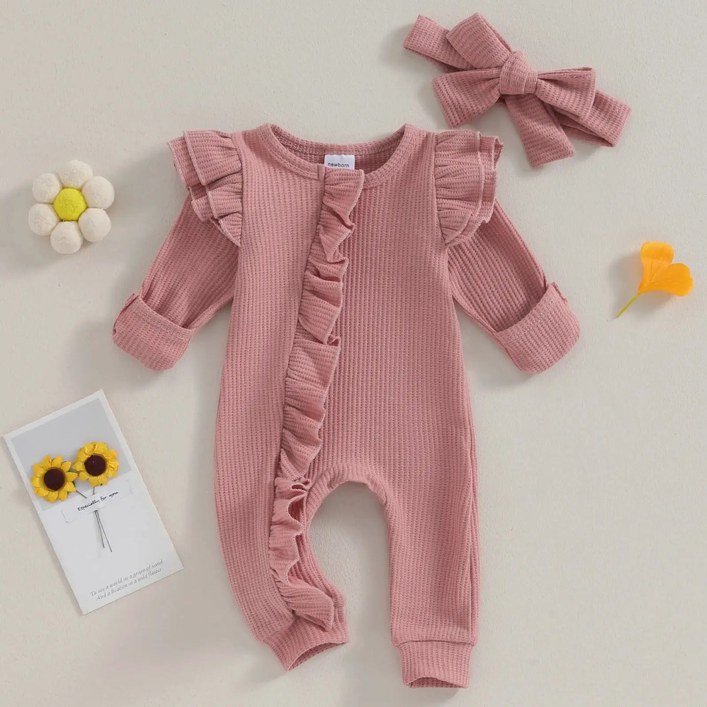 Pudcoco Infant Baby Girl Autumn Jumpsuit Solid Color Round Neck Flying Sleeve Ruffled Zipper Romper with Bow Headband 0-12M by All Mart Bristol Ltd