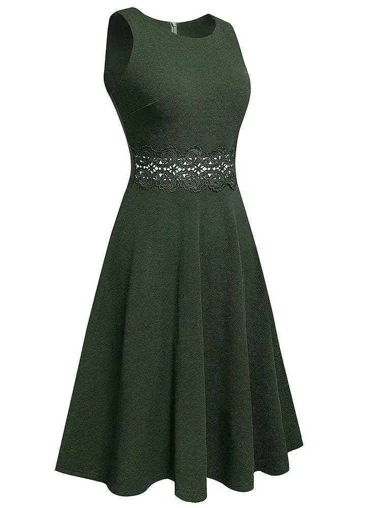 Women Vintage Casual Round Neck A line Summer Elegant Floral Lace Patchwork Sleeveless Tunic Party Swing Dress HA079 by All Mart Bristol Ltd