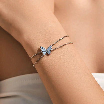 MODIAN Sweet Blue Opal Butterfly Bracelet 925 Sterling Silver Fashion Double Layer Link Chain Bracelets For Women Fine Jewelry by All Mart Bristol Ltd