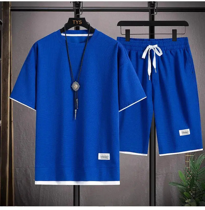 2026 new Summer Men's Waffle Sets Casual T-Shirt And Shorts Set Male Sports Suit Solid Color Tracksuit Loose Suits by All Mart Bristol Ltd
