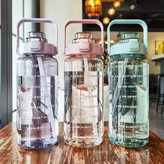 2L Water Bottle Portable Straw Plastic Water Cup for Outdoor Sports Fitness Adult High Value Big Fat Cup with Time Marker by All Mart Bristol Ltd