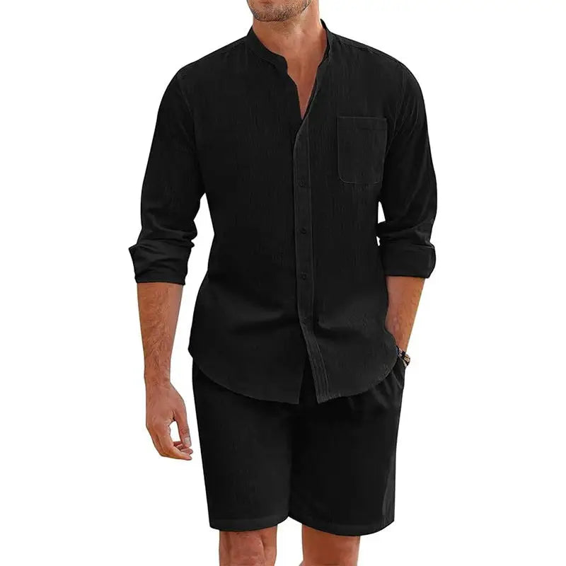 Daily Casual Breathable Cotton Linen Outfits Mens Vintage Stand Collar Button-up Shirts And Shorts Sets For Men Clothing Summer by All Mart Bristol Ltd