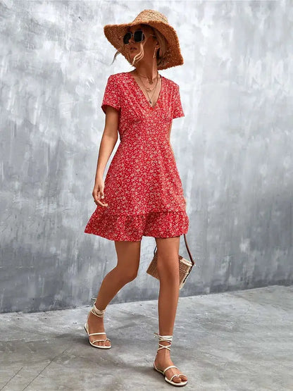Summer Short Boho Dress Women V Neck Print Floral Party Dress Ladies Bohemian Flower Mini Dress For Women by All Mart Bristol Ltd