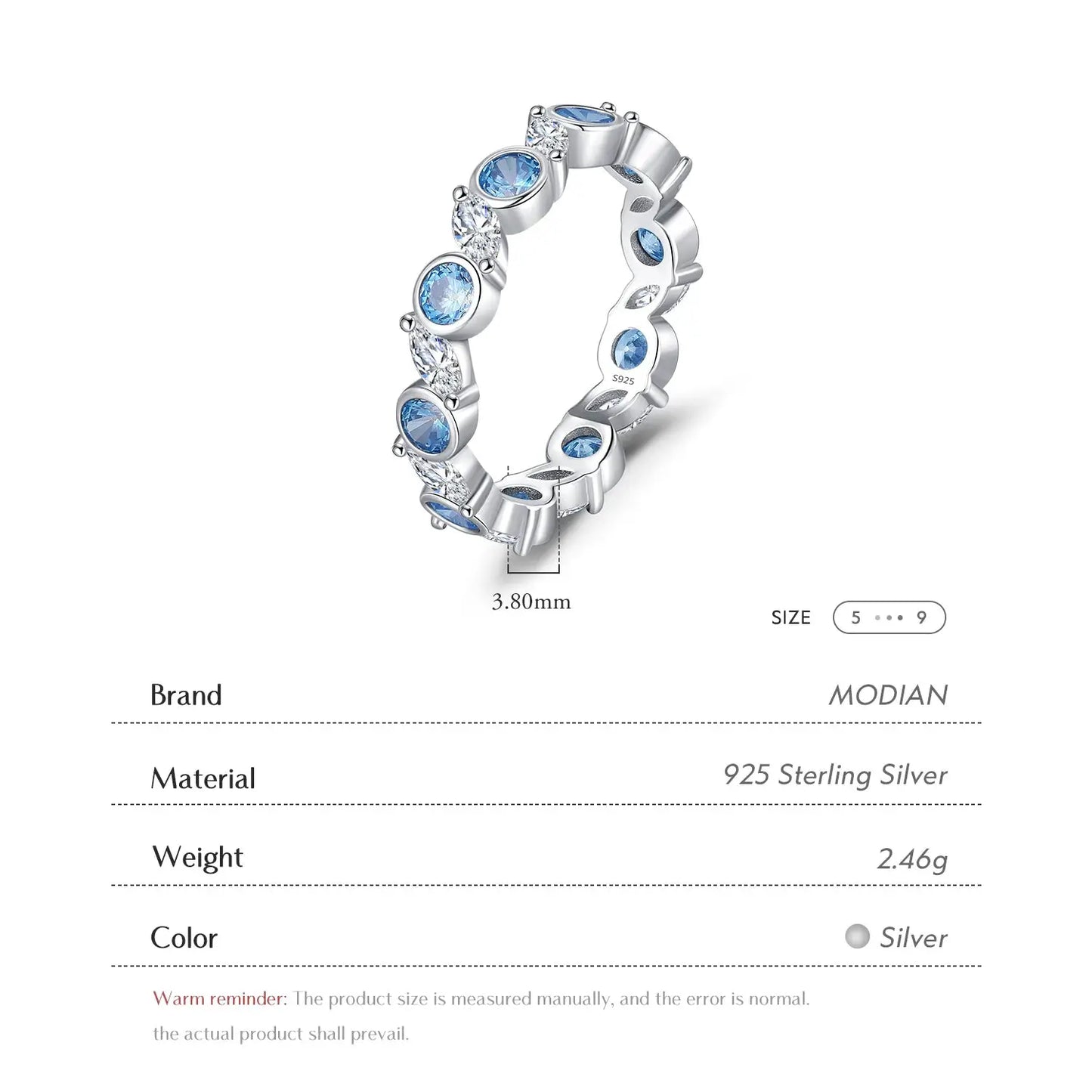 MODIAN 925 Sterling Silver Ocean Round Blue CZ Eternal Ring Trendy Stackable Delicate Fine Jewelry Fro Women Vacation Gifts by All Mart Bristol Ltd