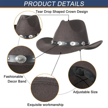New Vintage Western Women Cowboy Hat For Men Wide Brim Cowboy Jazz Cap With Leather Belt Sombrero Cap Four Seasons by All Mart Bristol Ltd
