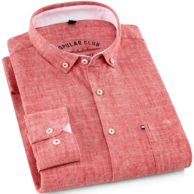 Men‘s Solid Button-Down Collar Dress Shirt - Breathable Cotton-Linen Blend - Long Sleeve, Slim-fit - Spring Summer Casual Chic by All Mart Bristol Ltd