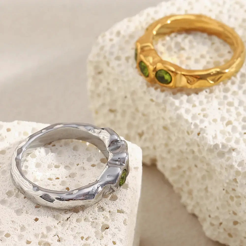 La. Muses Three Green Zircon Stainless Steel Women's Ring PVD Gold Plated Trendy Daily Jewelry Accessories Gift by All Mart Bristol Ltd