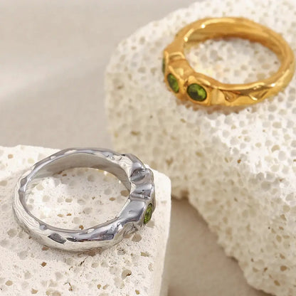 La. Muses Three Green Zircon Stainless Steel Women's Ring PVD Gold Plated Trendy Daily Jewelry Accessories Gift by All Mart Bristol Ltd