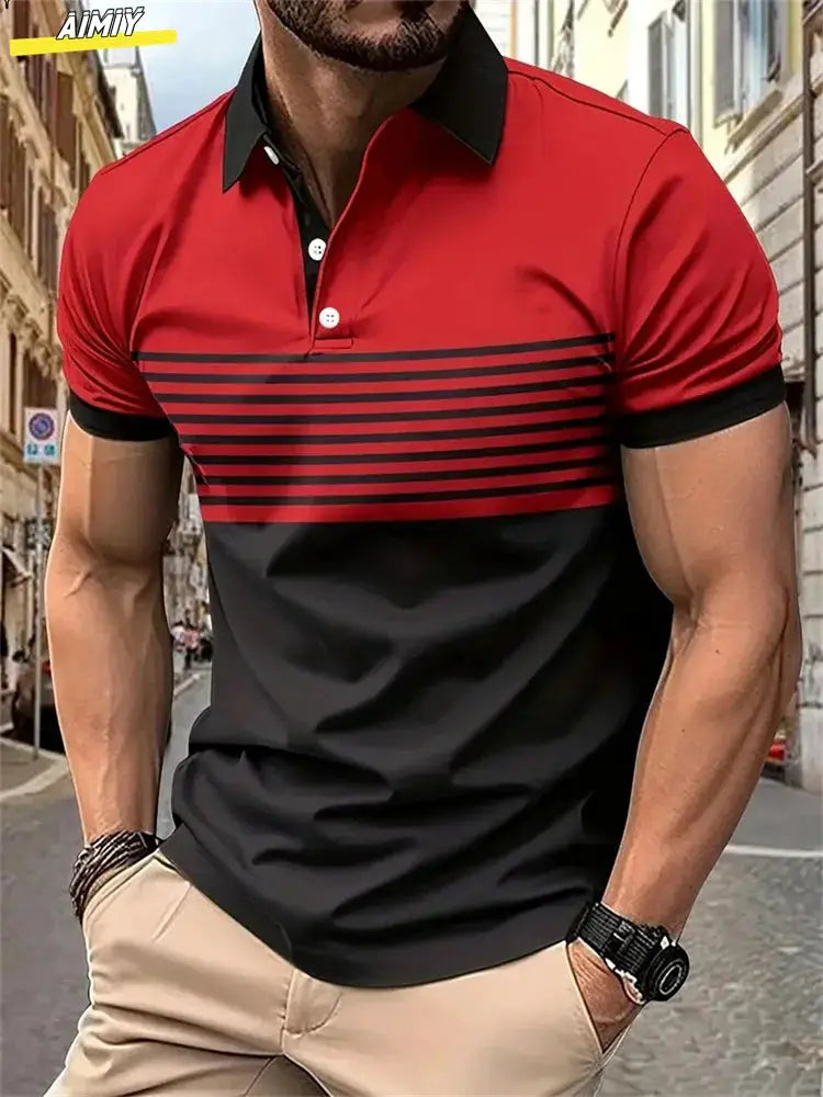 New Male Golf Stripe Polo Men's Casual Short-Sleeved Polo Shirt Solid Color Lapel Fashion Business Sports Breathable T-Shirt Top by All Mart Bristol Ltd