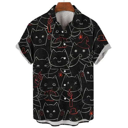 Men's Short Sleeve Shirt Fashion Cartoon Line Cat Pattern Print Top Women's Casual Button Shirt Top by All Mart Bristol Ltd