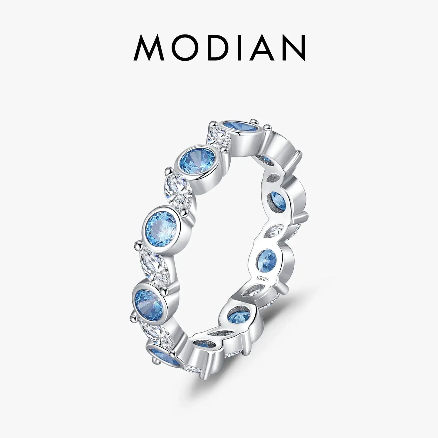 MODIAN 925 Sterling Silver Ocean Round Blue CZ Eternal Ring Trendy Stackable Delicate Fine Jewelry Fro Women Vacation Gifts by All Mart Bristol Ltd