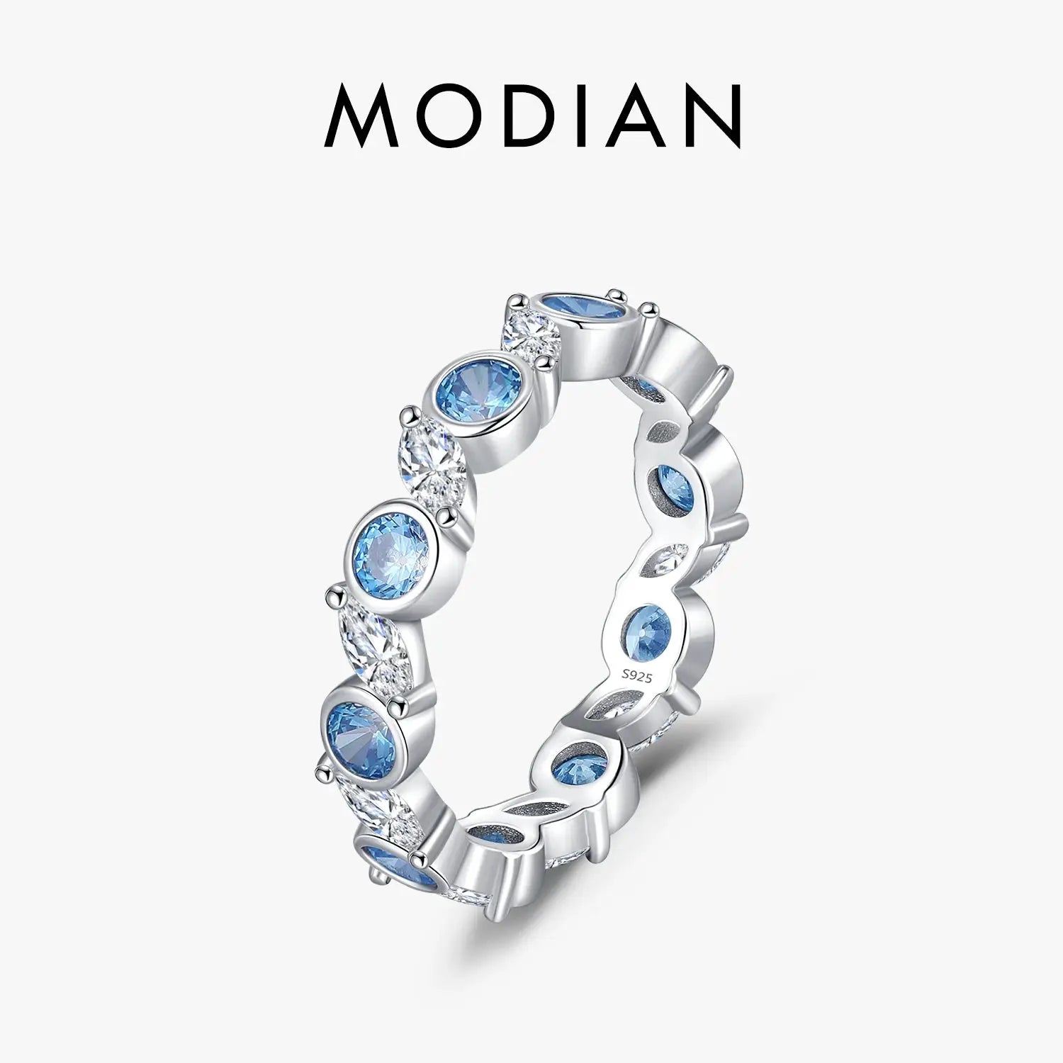 MODIAN 925 Sterling Silver Ocean Round Blue CZ Eternal Ring Trendy Stackable Delicate Fine Jewelry Fro Women Vacation Gifts by All Mart Bristol Ltd