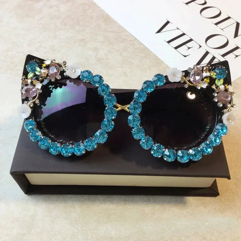 Brand Design Handmade Rhinestone Cat Eye Sunglasses Fashion Glasses Women Flower with Pearl Round Vintage Sunglasses Beach Party by All Mart Bristol Ltd