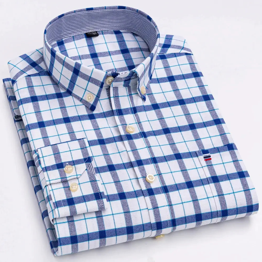 Men's Trendy Plaid Striped Lapel Collar Design Cotton Dress Shirts, Long Sleeve Casual Button Up Commuter Shirt For Spring/Fall by All Mart Bristol Ltd