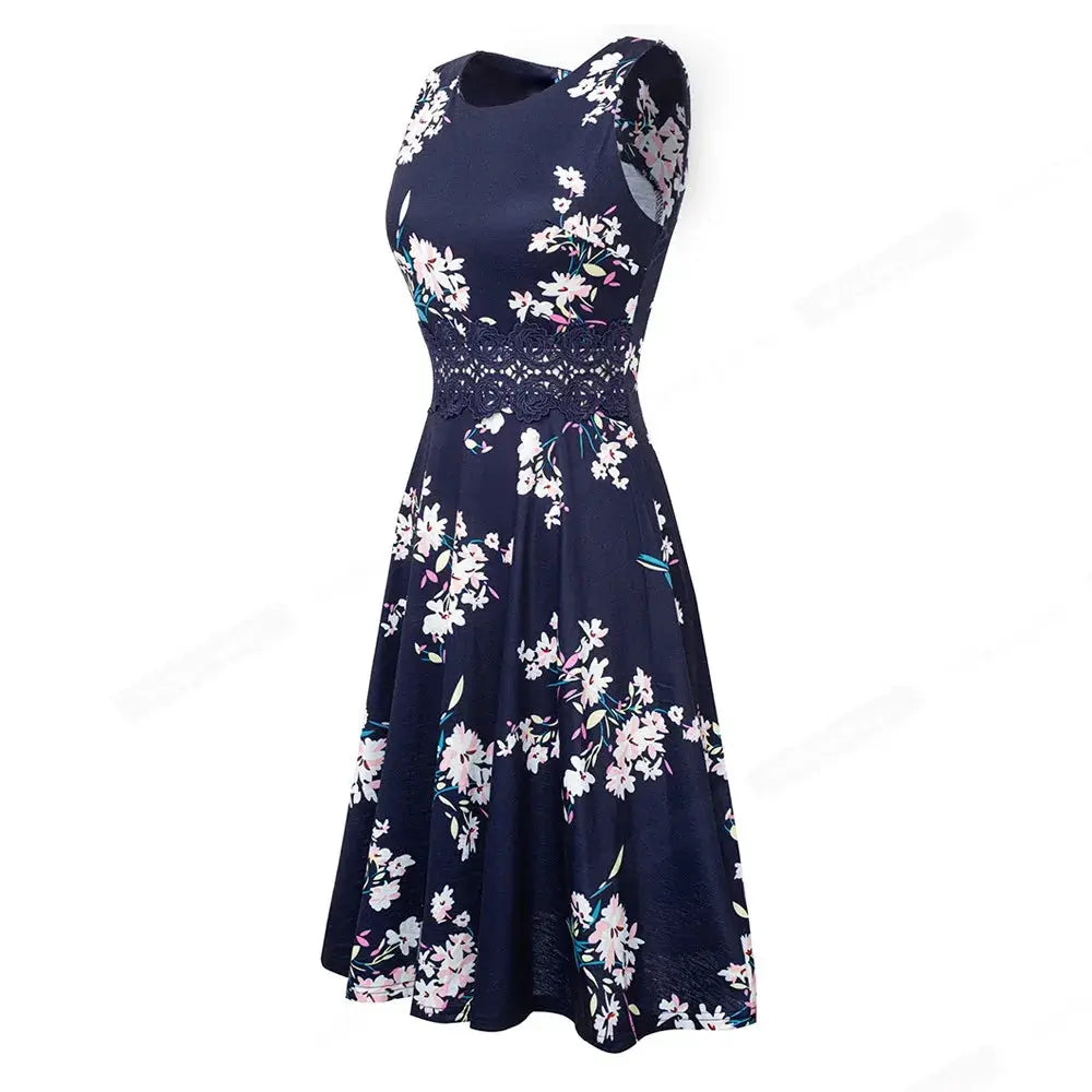 Women Vintage Casual Round Neck A line Summer Elegant Floral Lace Patchwork Sleeveless Tunic Party Swing Dress HA079 by All Mart Bristol Ltd