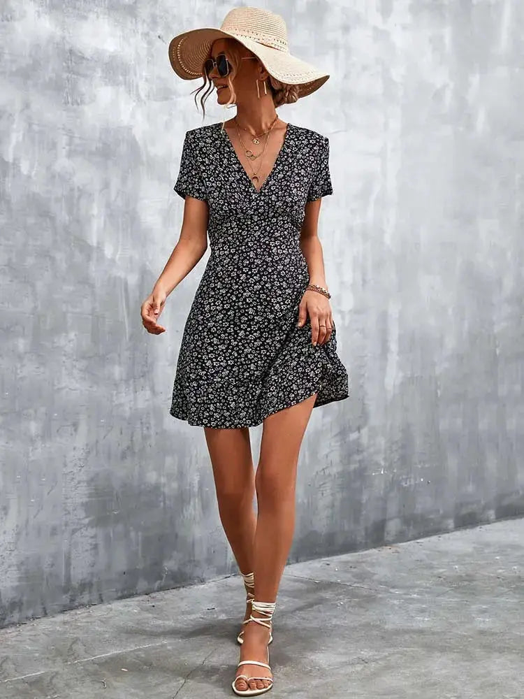 Summer Short Boho Dress Women V Neck Print Floral Party Dress Ladies Bohemian Flower Mini Dress For Women by All Mart Bristol Ltd