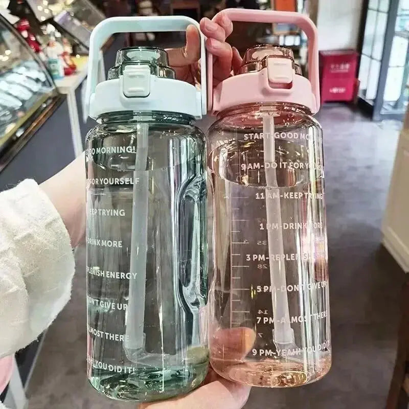 2L Water Bottle Portable Straw Plastic Water Cup for Outdoor Sports Fitness Adult High Value Big Fat Cup with Time Marker by All Mart Bristol Ltd