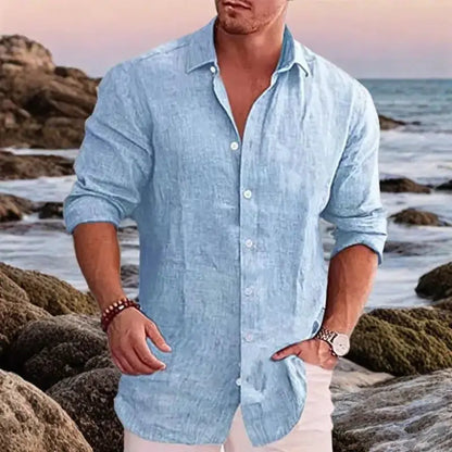 New men's cotton linen autumn hot long-sleeved shirt solid colour versatile casual resort style men's shirt tops by All Mart Bristol Ltd