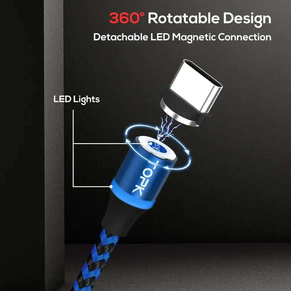 Magnetic Charging Cable 3 IN 1 TOPK 360 Rotation Magnetic Phone Charger Cable with LED Light for Micro USB Type C Cable by All Mart Bristol Ltd