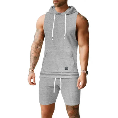Men Casual 2 Piece Set Fashion Jacquard Knitted T-shirt Hooded Sleeveless Vest Elastic Waist Shorts Jogging Fitness Apparel by All Mart Bristol Ltd