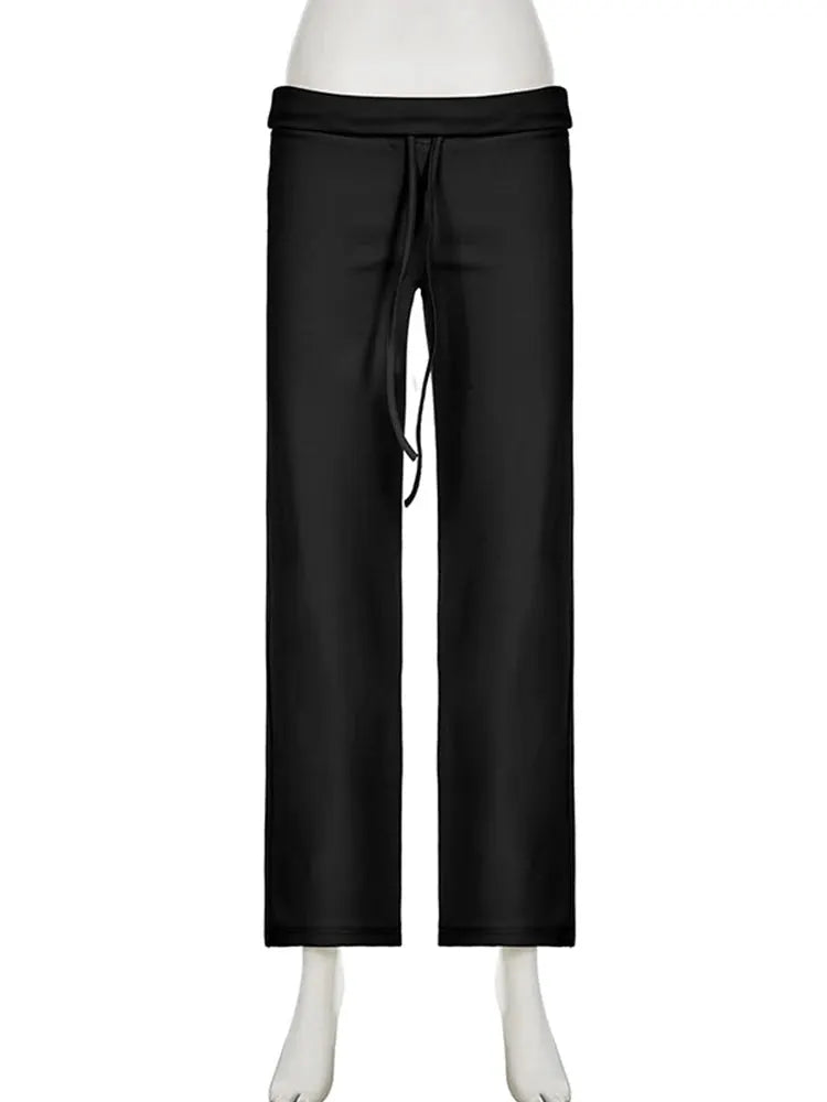 Casual Solid Basic Pants Y2K Chic Floor Length Bottoms Vintage Aesthetic Mid Waist Drawstring Straight Trousers by All Mart Bristol Ltd