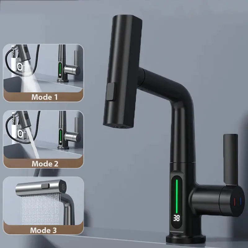 Waterfall Temperature Digital Display Basin Faucet Lift Up Down Stream Sprayer Hot Cold Water Sink Mixer Wash Tap For Bathroom by All Mart Bristol Ltd