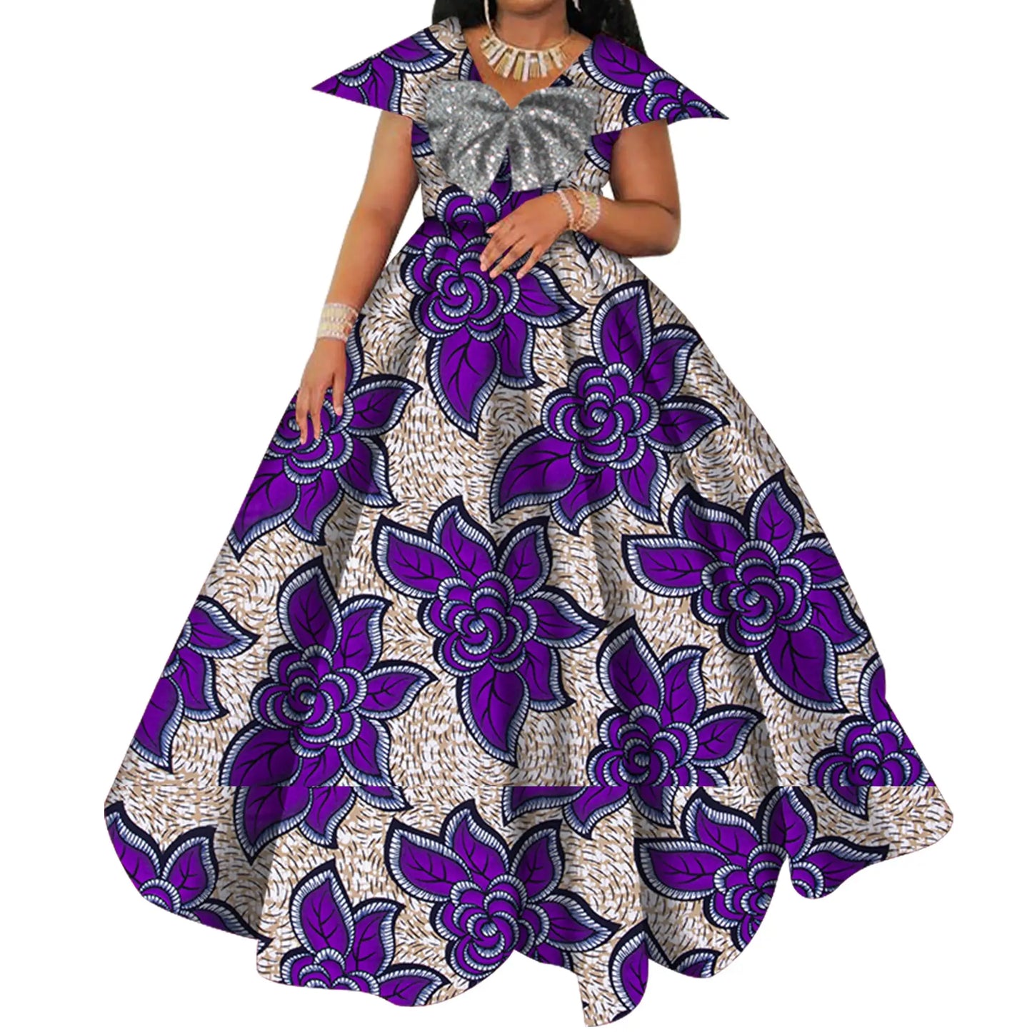 Bazin Riche African Print Dresses for Women Short Sleeve Long Wedding Dress Party Vestido Cotton Women African Clothing WY6098 by All Mart Bristol Ltd