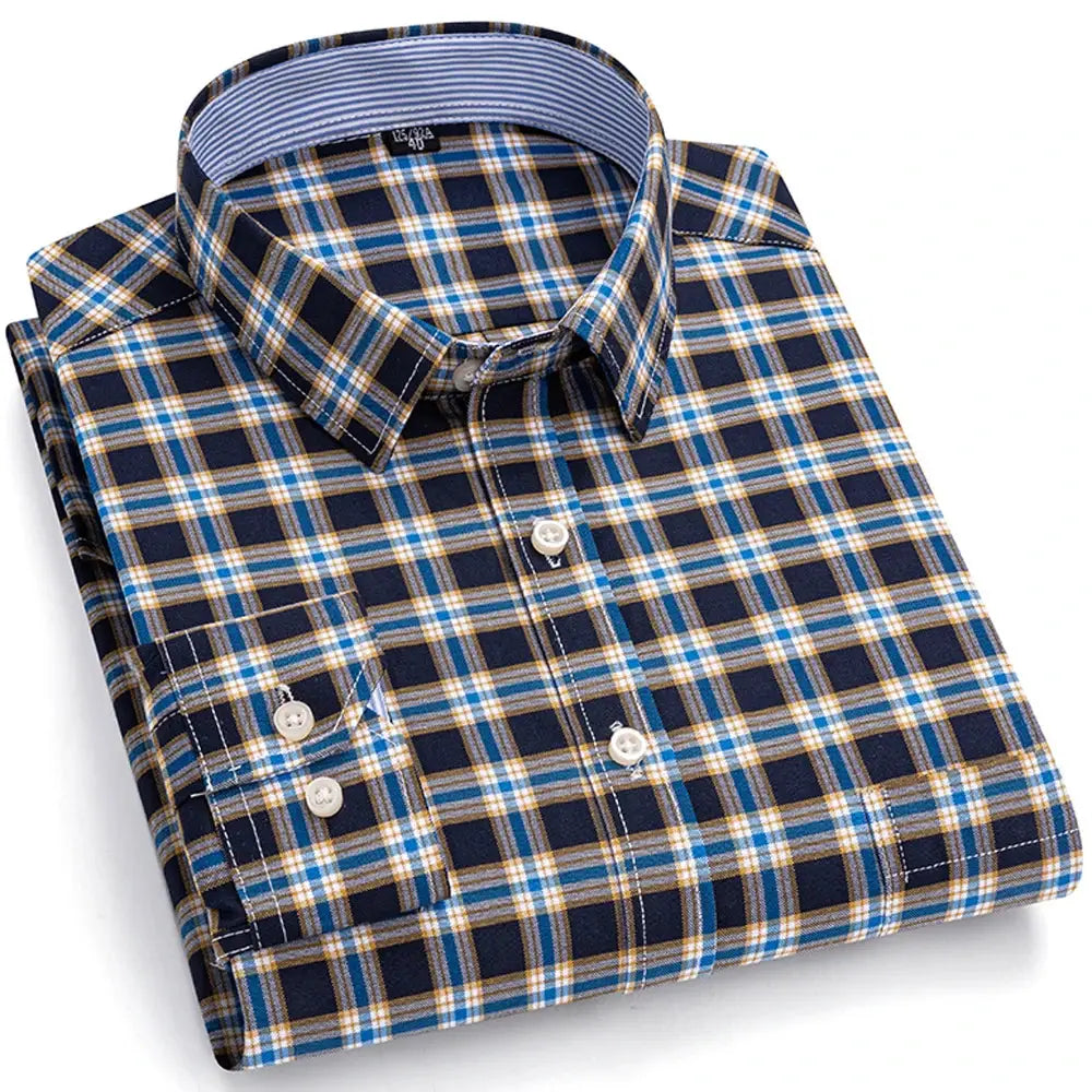 Men's Trendy Plaid Striped Lapel Collar Design Cotton Dress Shirts, Long Sleeve Casual Button Up Commuter Shirt For Spring/Fall by All Mart Bristol Ltd