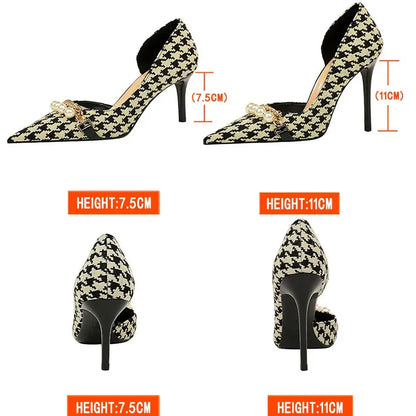 BIGTREE Shoes 2026 Spring Women Pumps Pearl Metal Chain High-heels Checked Grain Stilettos Women Heels Luxury Banquet Shoes 43 by All Mart Bristol Ltd