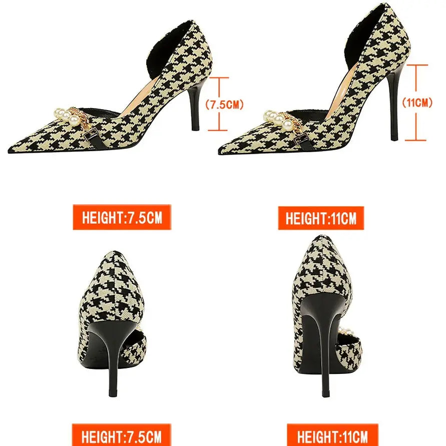 BIGTREE Shoes 2026 Spring Women Pumps Pearl Metal Chain High-heels Checked Grain Stilettos Women Heels Luxury Banquet Shoes 43 by All Mart Bristol Ltd