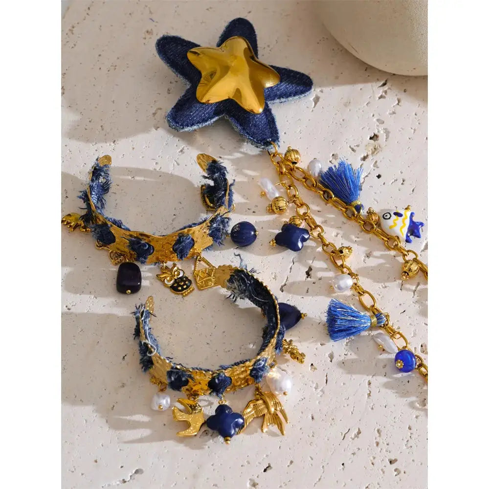 Yhpup Exclusive Design Blue Denim Heart Star Animal Pendant Necklace Bracelet Bangle Popular Charm Jewelry Autumn & Winter New by All Mart Bristol Ltd