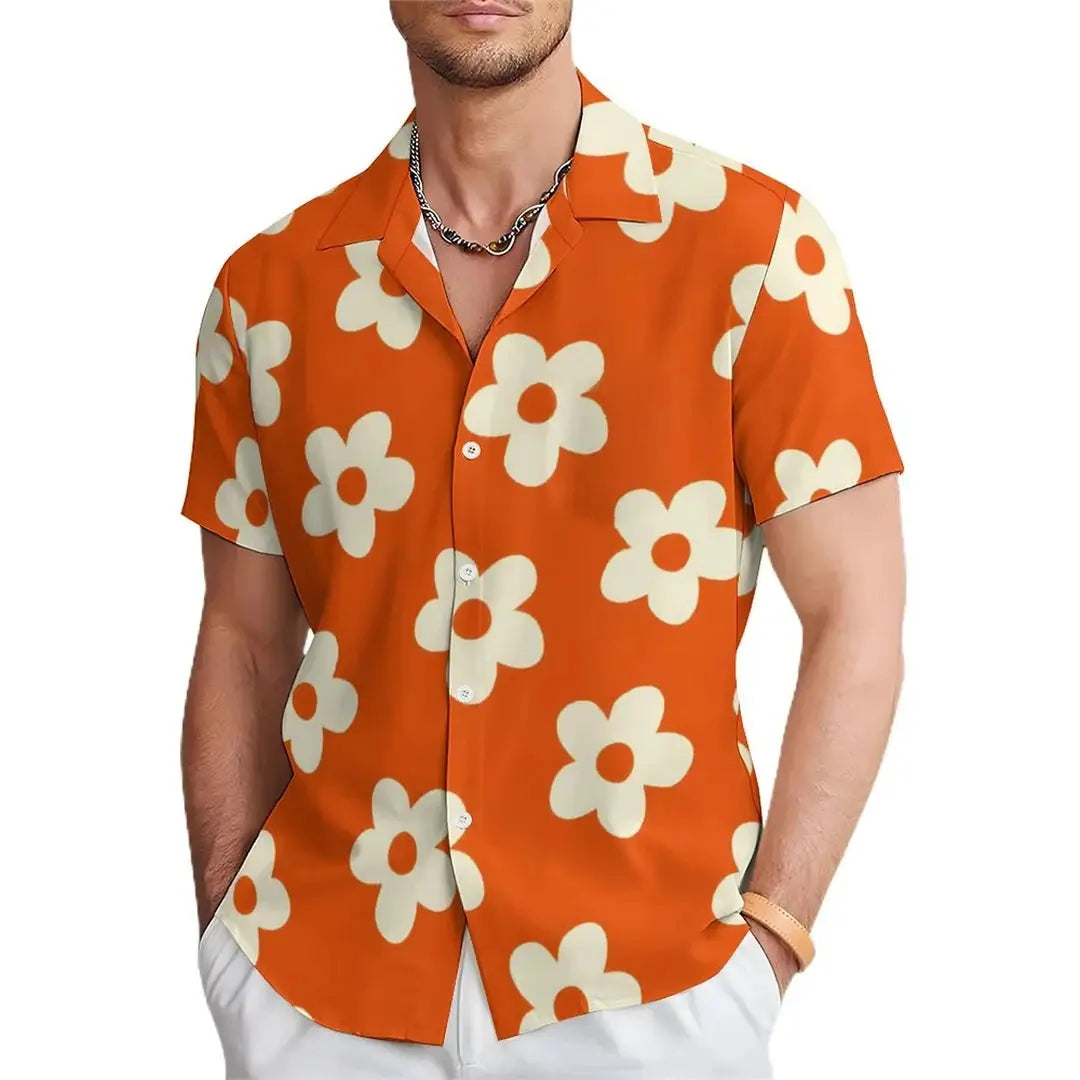 Floral Daisy Casual Men's Shirt Daily Out Summer Lapel Short Sleeve Purple Orange Flower Shirt Hawaii Shirt Casual Clothing by All Mart Bristol Ltd