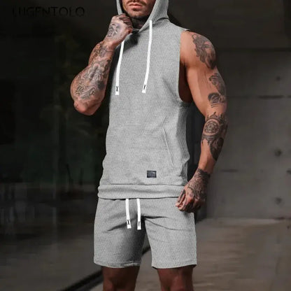Men Casual 2 Piece Set Fashion Jacquard Knitted T-shirt Hooded Sleeveless Vest Elastic Waist Shorts Jogging Fitness Apparel by All Mart Bristol Ltd