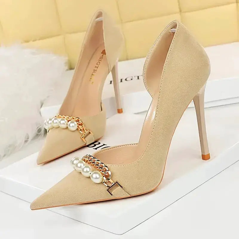 BIGTREE Shoes 2026 Spring Women Pumps Pearl Metal Chain High-heels Checked Grain Stilettos Women Heels Luxury Banquet Shoes 43 by All Mart Bristol Ltd