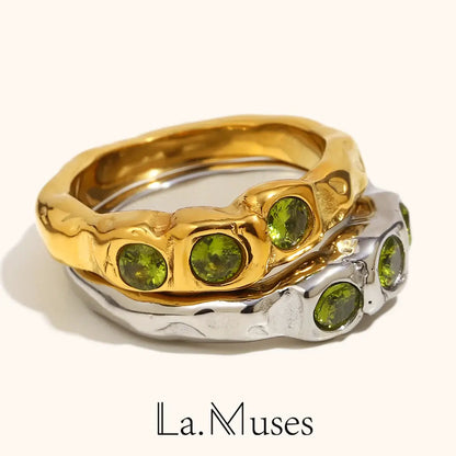 La. Muses Three Green Zircon Stainless Steel Women's Ring PVD Gold Plated Trendy Daily Jewelry Accessories Gift by All Mart Bristol Ltd