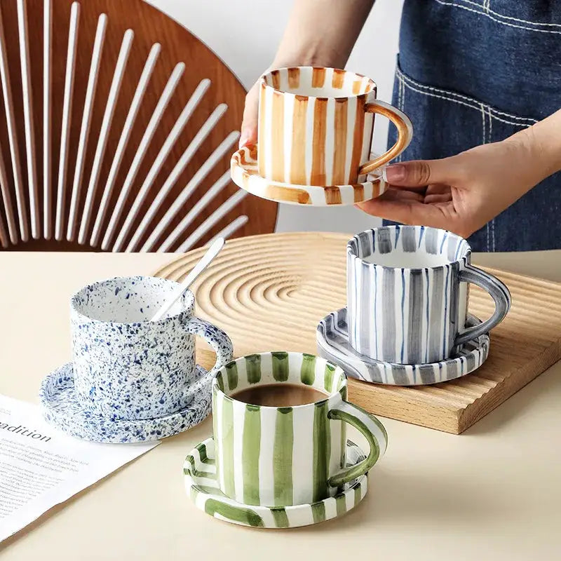 Ceramic Coffee Mugs Creative Stripes Hand-painted Coffee Cups and Saucers Home Ceramic Milk Cups Hotel Coffee Cups Cafe Cups by All Mart Bristol Ltd