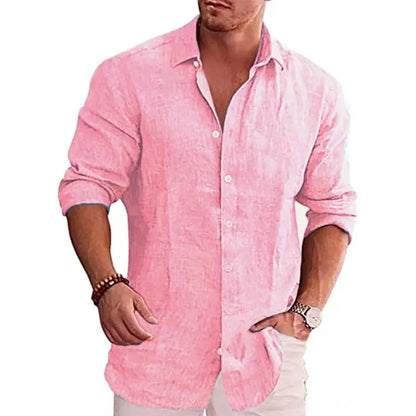 New men's cotton linen autumn hot long-sleeved shirt solid colour versatile casual resort style men's shirt tops by All Mart Bristol Ltd