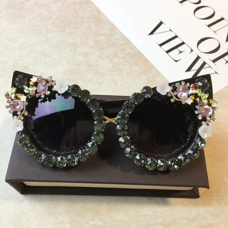 Brand Design Handmade Rhinestone Cat Eye Sunglasses Fashion Glasses Women Flower with Pearl Round Vintage Sunglasses Beach Party by All Mart Bristol Ltd