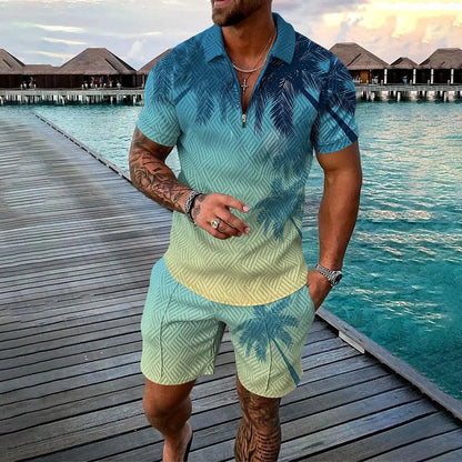 Vintage Men's Suit Zipper Polo Shirt Shorts Pants 2 Piece Set Coconut Tree Animal 3D Print Casual Men Tracksuit Ropa Barata by All Mart Bristol Ltd