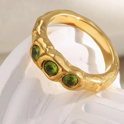 La. Muses Three Green Zircon Stainless Steel Women's Ring PVD Gold Plated Trendy Daily Jewelry Accessories Gift by All Mart Bristol Ltd