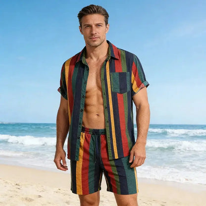 Men's Striped Tracksuit Streetwear Lapel Short Sleeve Shirts and Drawstring Shorts Casual Holiday Hawaiian 2 Piece Sets 2025 New by All Mart Bristol Ltd