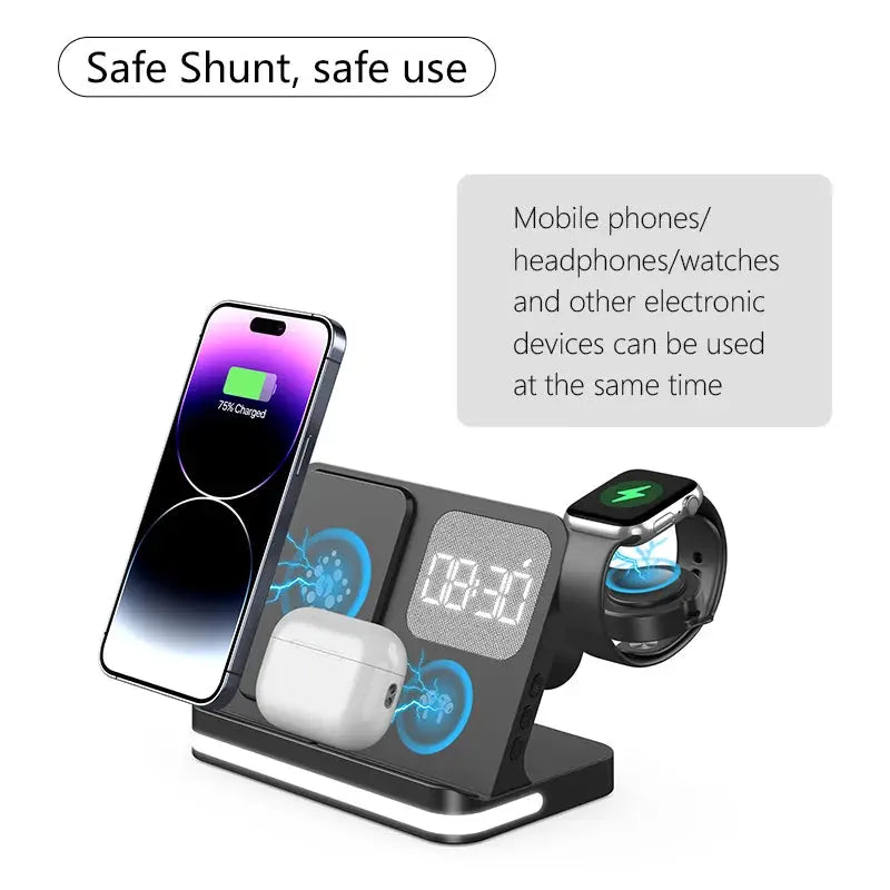Four in one desktop clock wireless charger that can charge phones, headphones, and watches simultaneously by All Mart Bristol Ltd