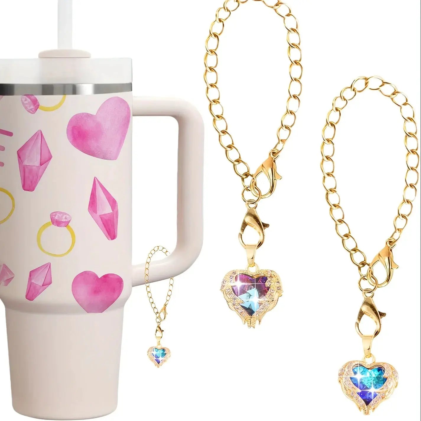 2pcs/pack Heart-Shaped Crystal Charms For Tumblers, 0.59inch Golden Chain Cup Accessories, Beverage Identifier For Stanley Cups by All Mart Bristol Ltd