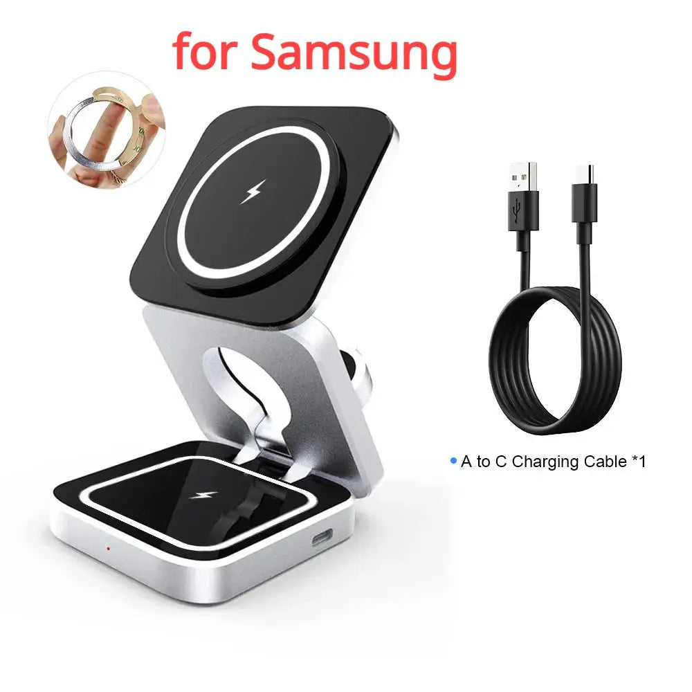 Travel 3 in 1 Magnetic Wireless Charger Foldable Stand Dock for IPhone 15, 14, AirPods,iwatch for Apple / for Samsung Galaxy S23 by All Mart Bristol Ltd