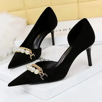 BIGTREE Shoes 2026 Spring Women Pumps Pearl Metal Chain High-heels Checked Grain Stilettos Women Heels Luxury Banquet Shoes 43 by All Mart Bristol Ltd