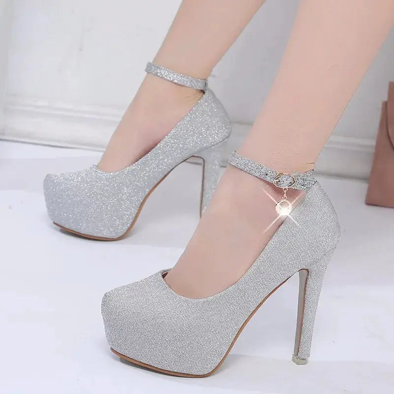 Fashion Wedding Shoes Women High Heels Women Pumps Bride Shoes Platform Super High Heel 12cm Black Silver A2177 by All Mart Bristol Ltd